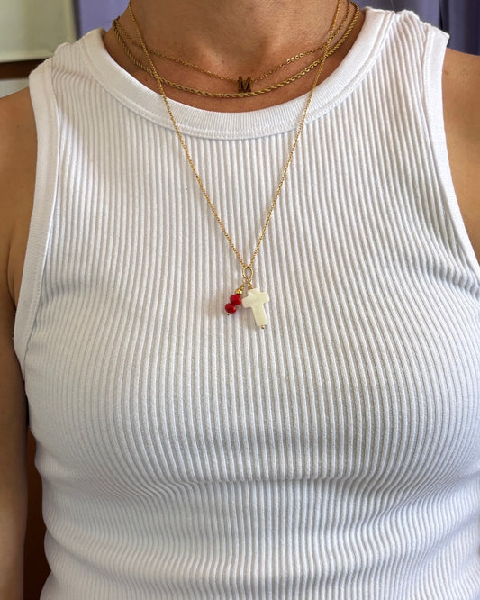 Fué por Amo Cadena Stainless Steel Cruz Shell y Beads Bolitas Rojas