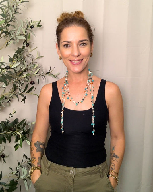 Collar Rut: Mil Formas (Tonos: Turquesa, Crema, Caramelo, Marrones & Hilo: Crema) - Tejido a Mano en Crochet con Piedras, Cristales y Semipreciosas