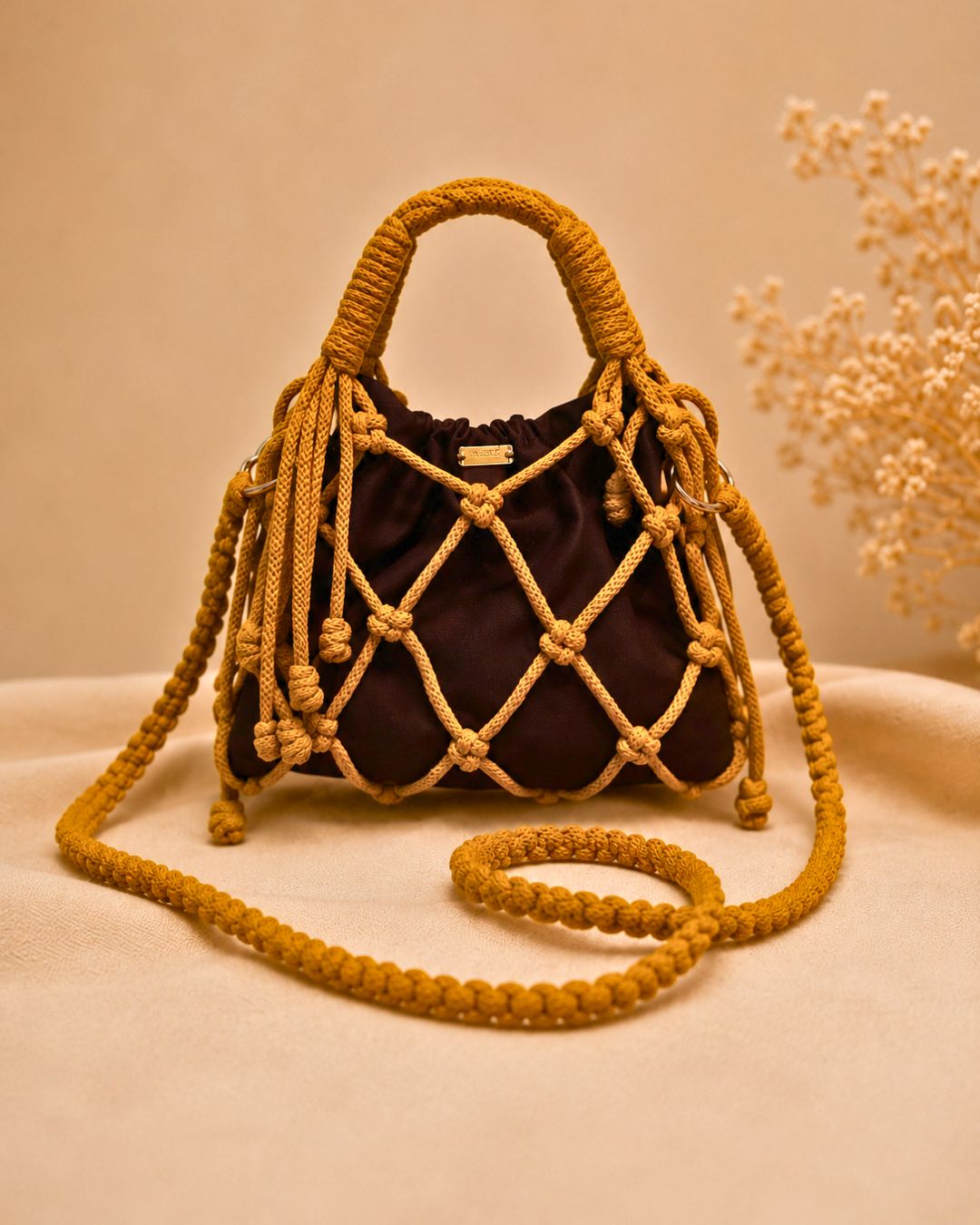 Lucía 3 en 1 Cross Body and Clutch Drawstring & Net Bag Color Mostaza Atta