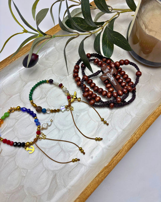 Bundle Pulseras de Fe: Historia de Jesús + Padre Nuestro + REGALO de un Rosario Bendecido