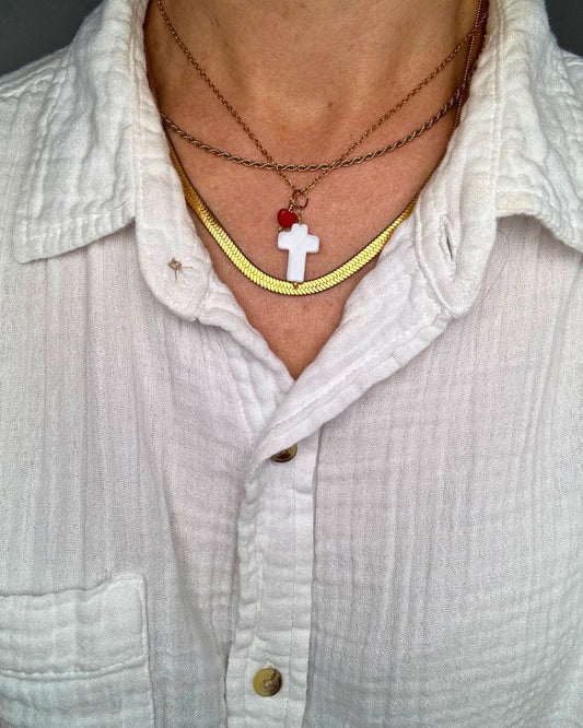 Fué por Amor Cadena Stainless Steel, Cruz Shell y Corazón Rojo Pequeño Madera