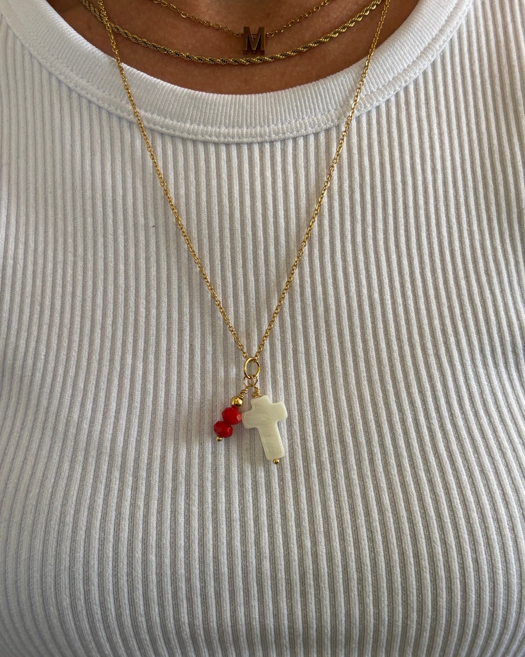 Fué por Amo Cadena Stainless Steel Cruz Shell y Beads Bolitas Rojas