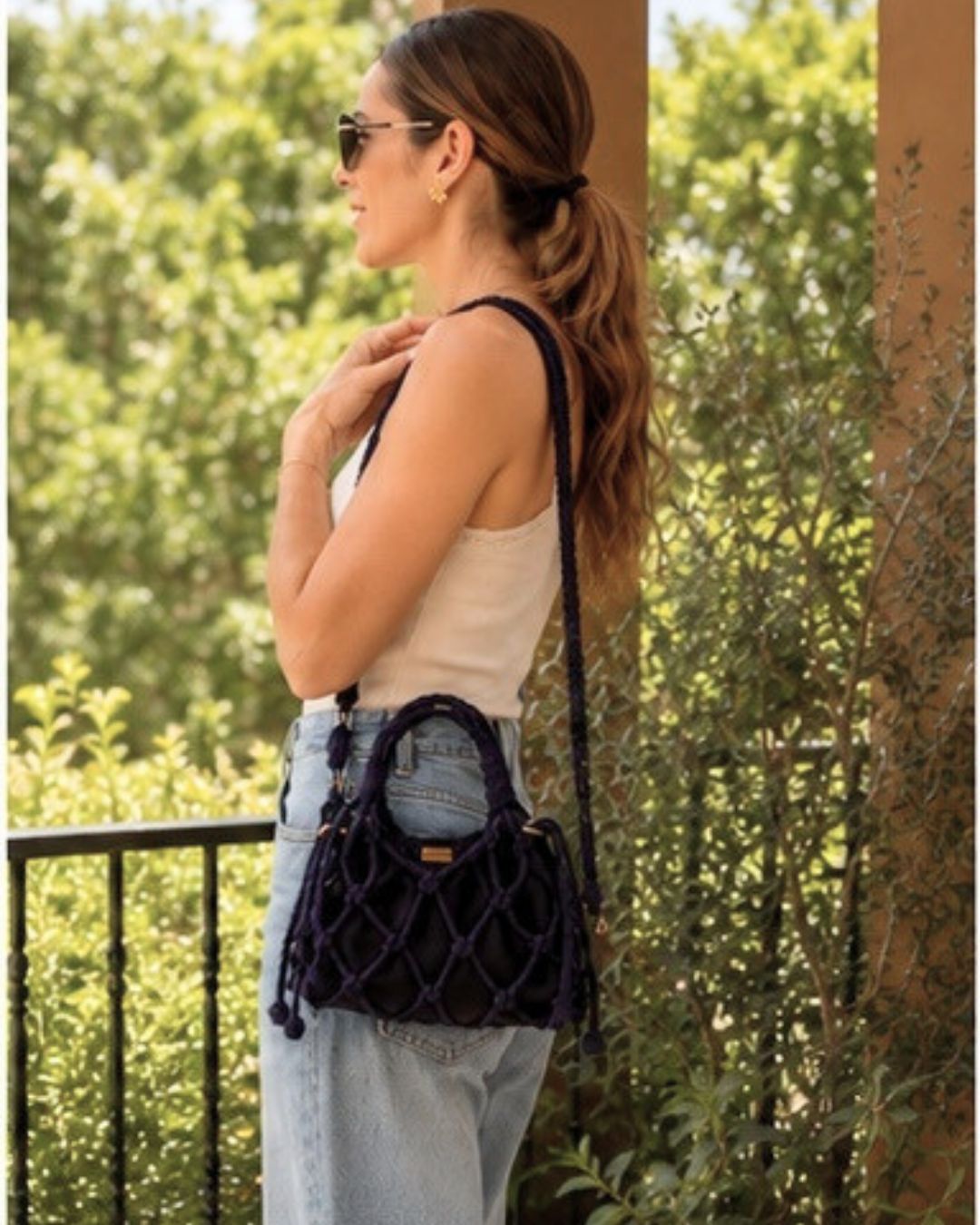 Lucía 3 en 1 Cross Body and Clutch Drawstring & Net Bag Color Azul Marino Atta