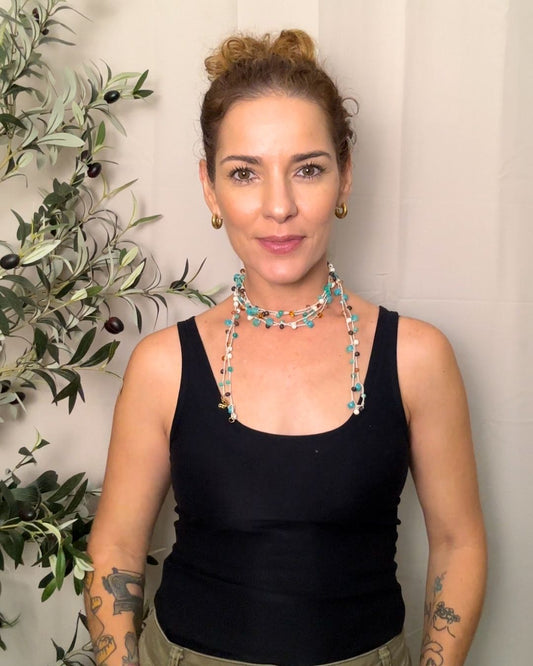 Collar Rut: Mil Formas (Tonos: Turquesa, Crema, Caramelo, Marrones & Hilo: Crema) -  Tejido a Mano en Crochet con Piedras, Cristales y Semipreciosas