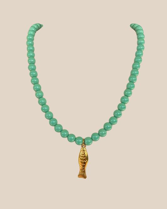 Ave Necklace: Turquesa con Charm de Pez en Stainless Steel