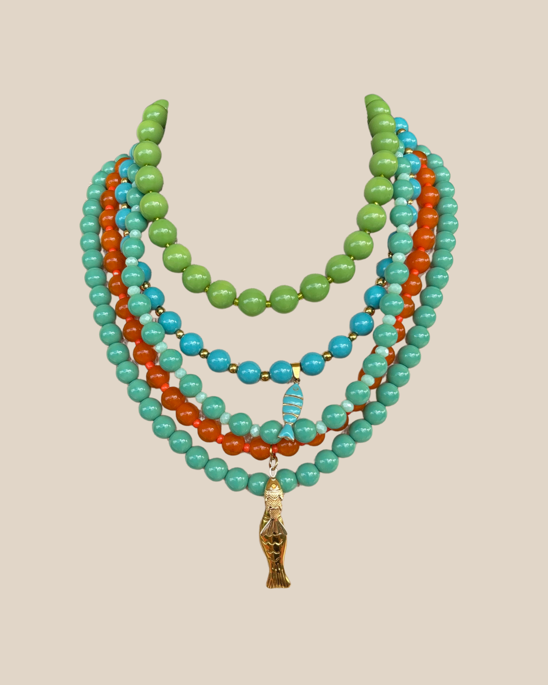 Ave Necklace: Turquesa con Charm de Pez y Balines en Stainless Steel